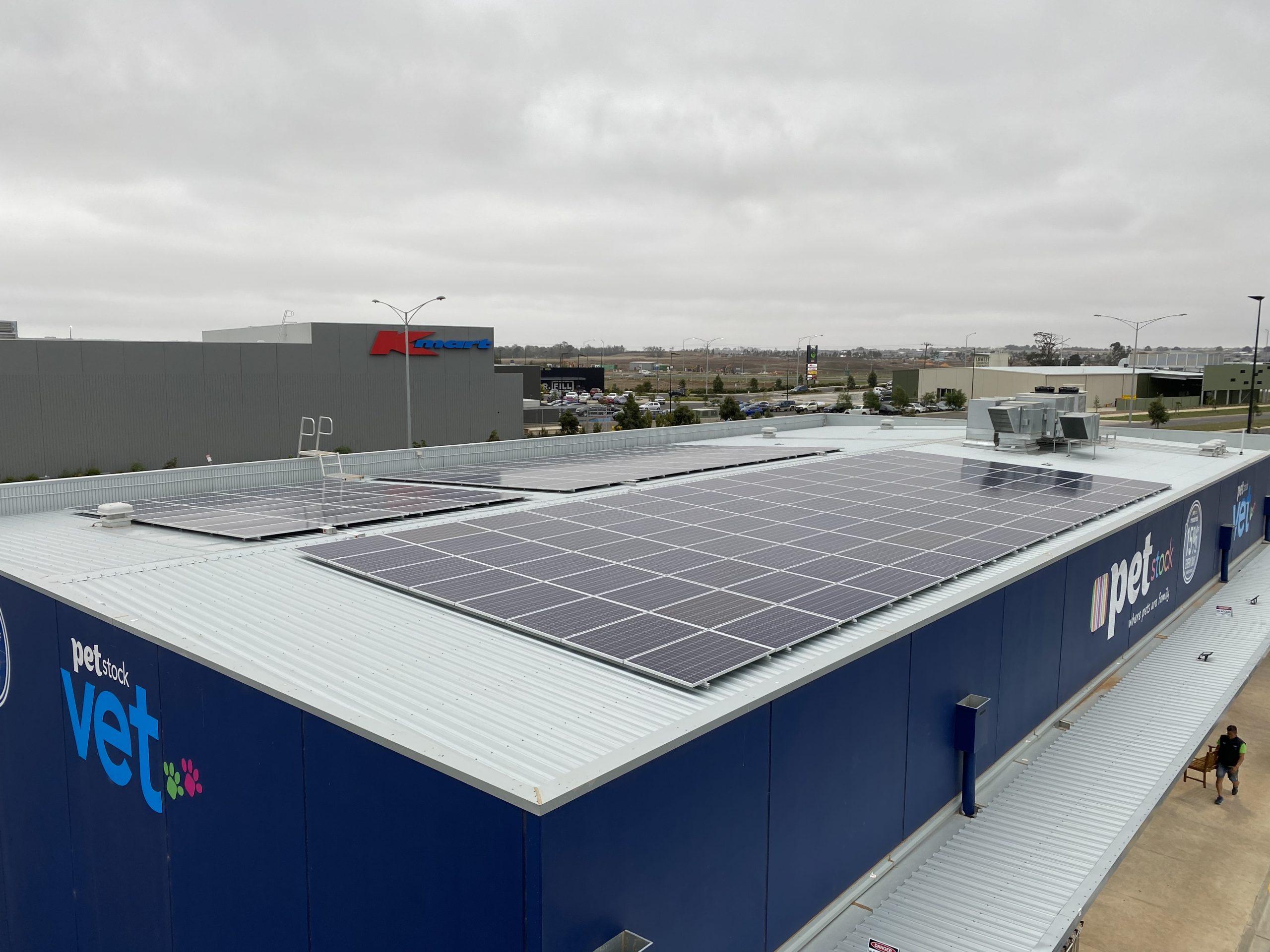 Solar panels installed on tin roof of Petstock Vet
